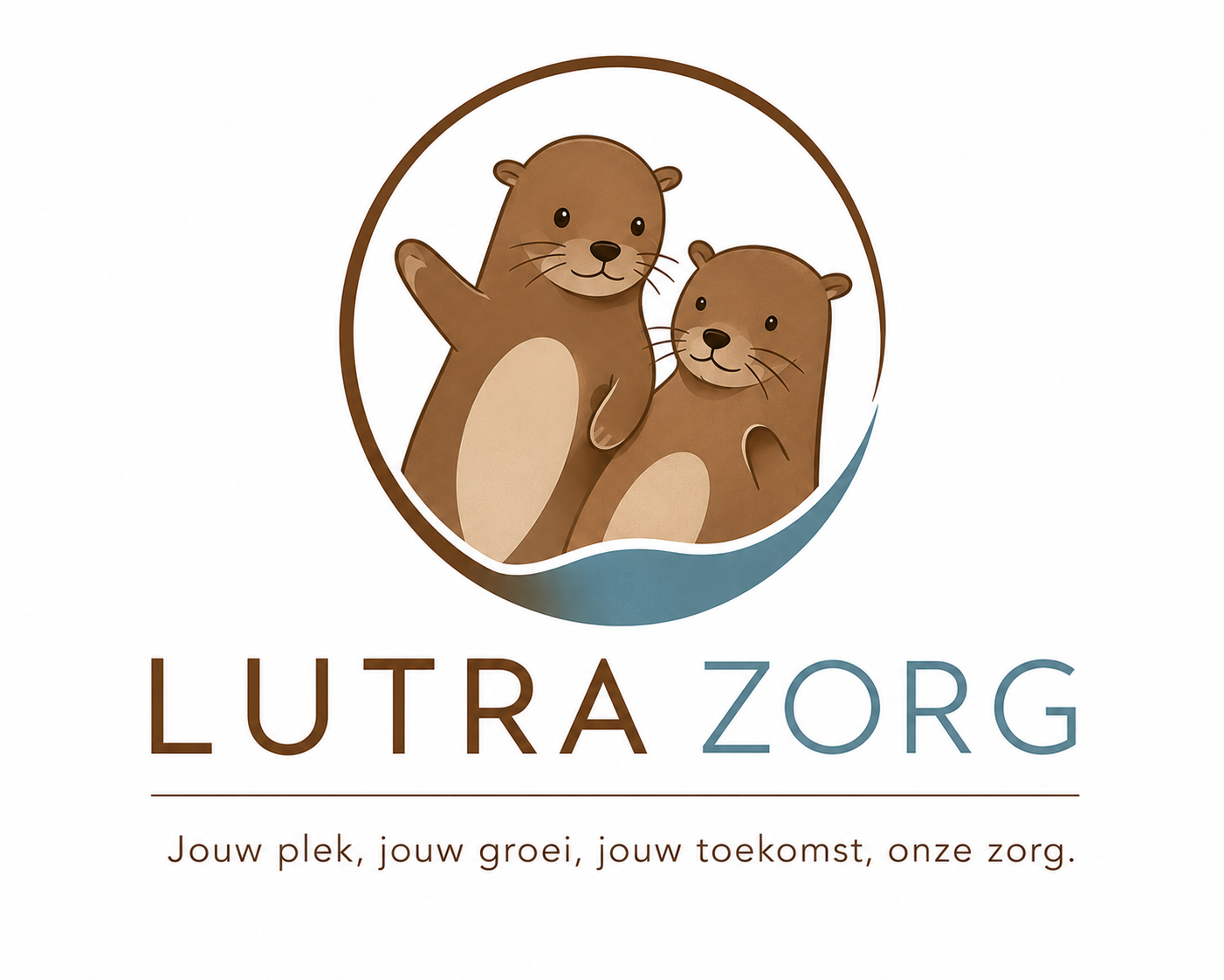 Lutra Zorg, twee otters bij het water. Jouw plek, jouw groei, jouw toekomst, onze zorg.